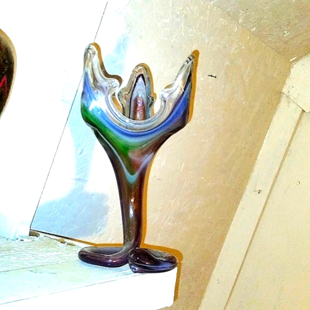 Large freeform blown glass centerpiece vase colors of purple  green
